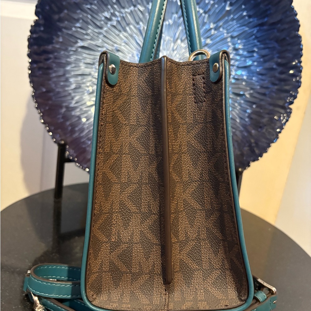 Michael Kors Brown and Teal Stripe Signature Satchel - Picture 3 of 5